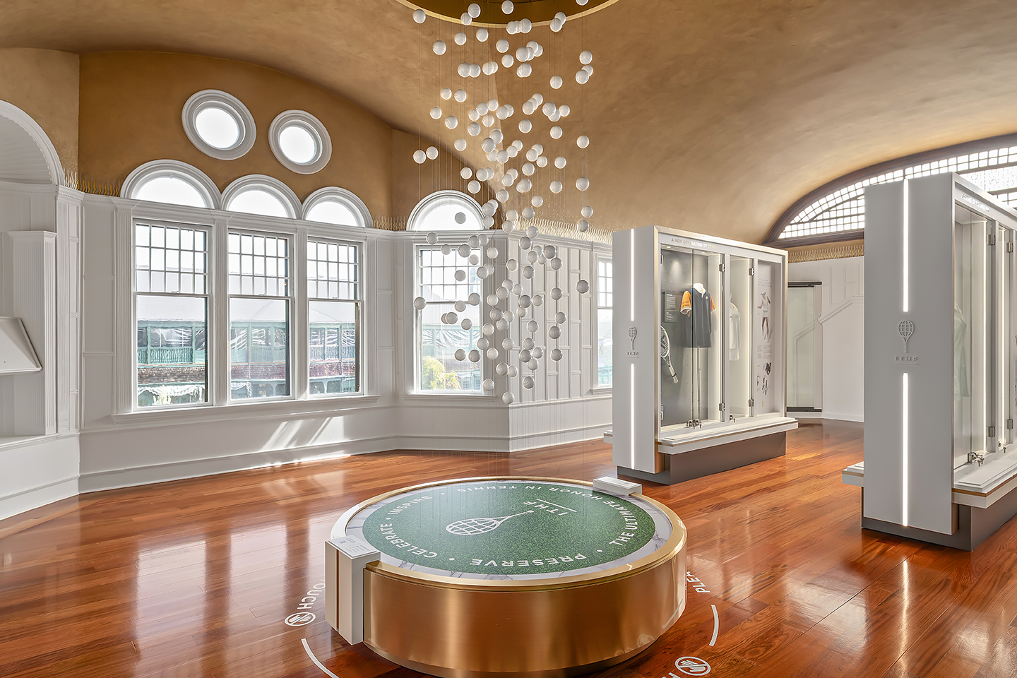 “Inspirational Legacies” sculpture made up of 131 floating white tennis balls.