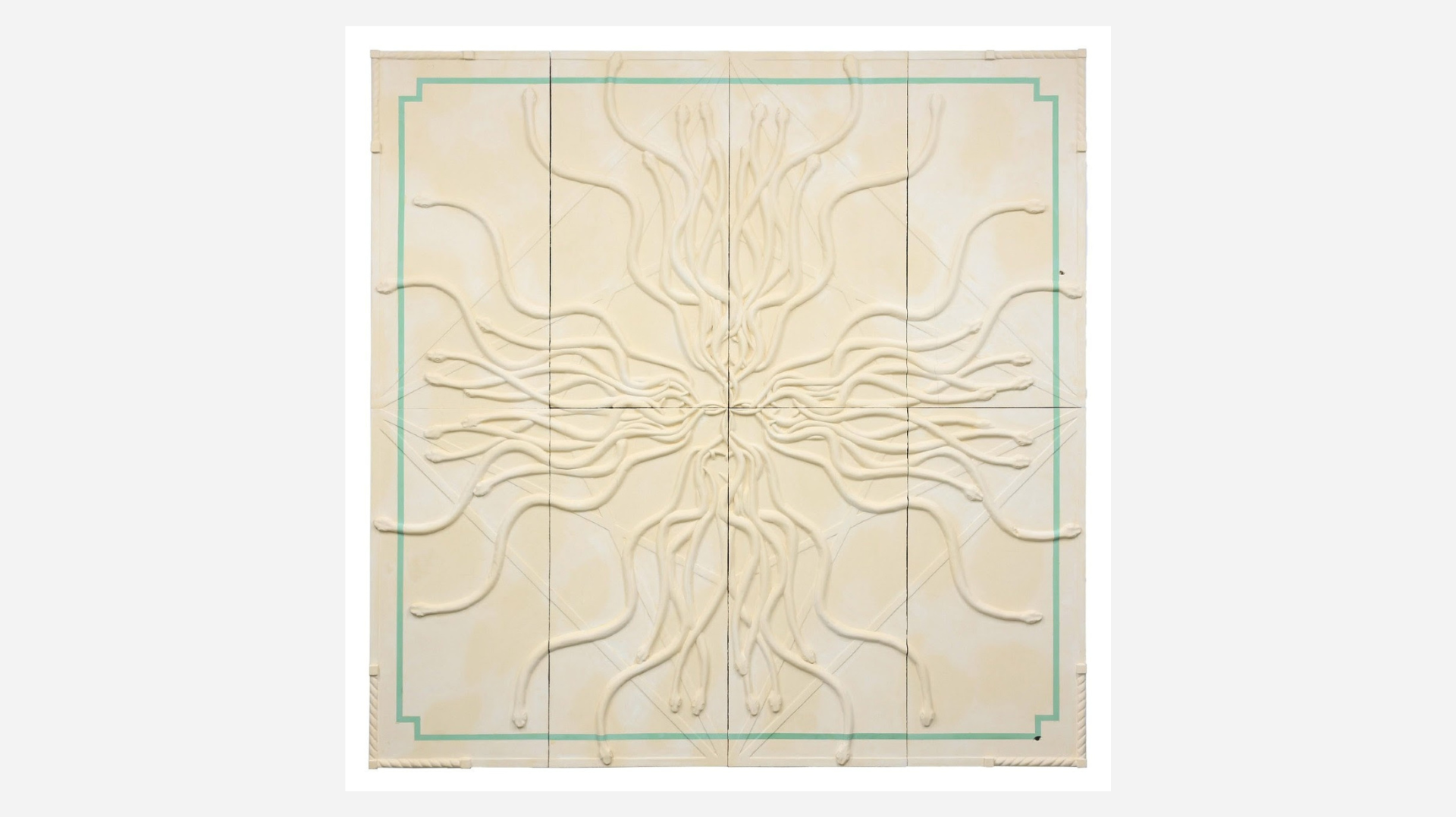 Ferdinand Evaldsson, The Temple, 2025, painted wood relief, gelatin, pigment & saliva on alder, 200 x 200 cm