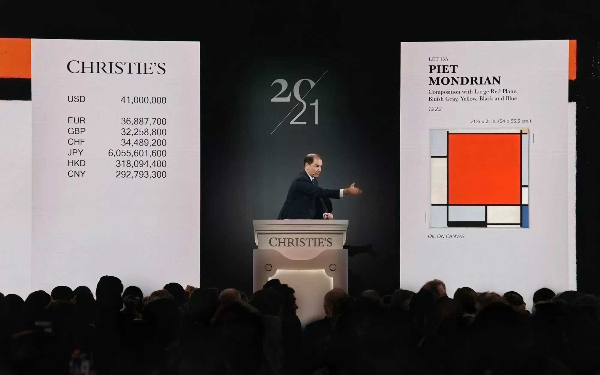 Piet Mondrian's Composition with Large Red Plane, Bluish Grey, Yellow, Black and Blue sells for $47.6 M from the Leonard & Louise Riggio Collection
