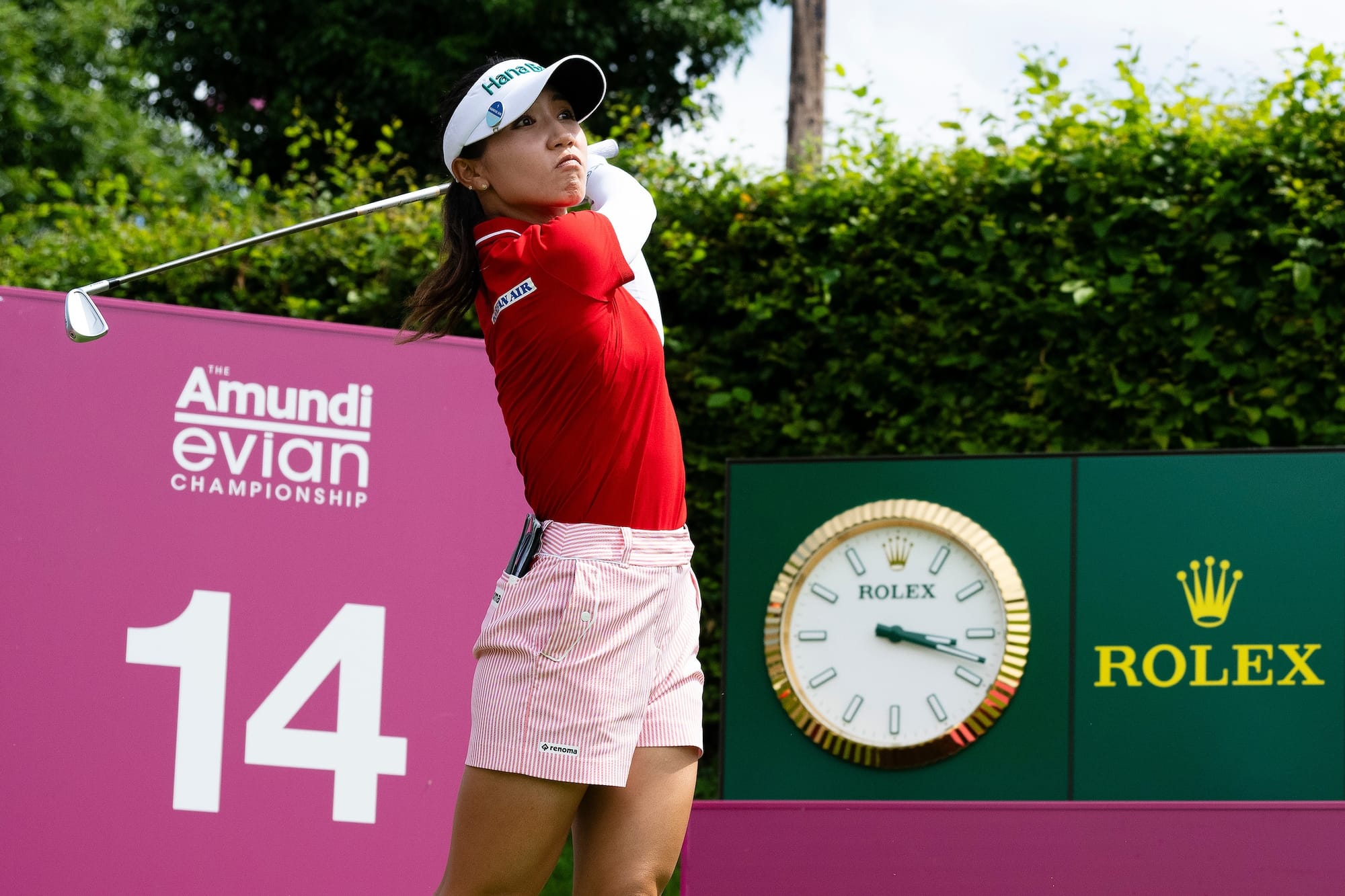Rolex Testimonee Lydia Ko hits a tee shot at the 2024 Amundi Evian Championship. Credit: Rolex